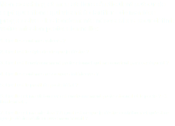 Mon coaching et mes ateliers s’articulent autour de sept questions qui visent à clarifier - de manière progressive - les fondements nécessaires pour définir votre mission professionnelle: 1: Quelles sont mes valeurs ? 2: Quel est le style de vie que je désire ? 3: Quel est l’environnement professionnel qui me convient par conséquent ? 4: Quelles sont mes ressources intérieures ? 5: Quel est le profil de poste idéal ? 6: Quelle est ma vision sur cet environnement professionnel et le poste ? Et finalement .. 7: Quelle est ma mission ? A quoi est-ce que je désire contribuer et qu’est ce que je désire réaliser avec mon travail ? 