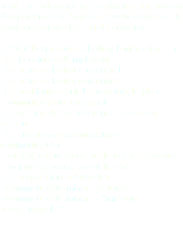 Tout en adaptant le séminaire au niveau d'expérience et l'age des participant-e-s, le contenu couvre les sujets suivants - L’état d’esprit du marketing: l’orientation sur les besoins de l'employeur - Le plan marketing en général - Le plan marketing personnel - Le positionnement, le branding, le plan communication personnel - La gestion de ses références et de son réseau - La création de ses moyens de communication: son CV, sa présence sur le net, les réseaux sociaux ses cartes de visite etc. - La préparation à l'entretien. - Comment déterminer ses forces - Comment déterminer sa "mission professionnelle". 