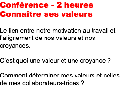 Conférence - 2 heures Connaître ses valeurs Le lien entre notre motivation au travail et l’alignement de nos valeurs et nos croyances. C’est quoi une valeur et une croyance ? Comment déterminer mes valeurs et celles de mes collaborateurs-trices ?